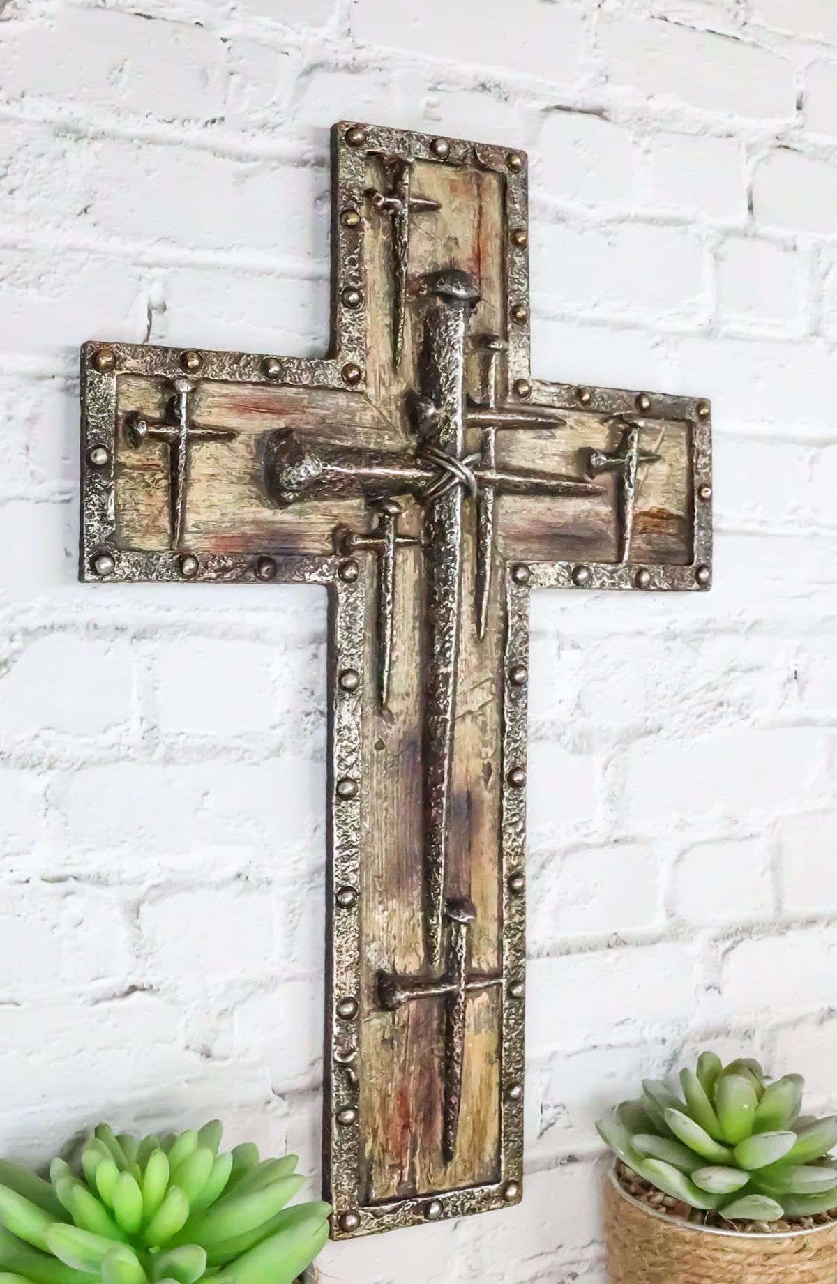 Rustic Western Spike Nails Layered Wall Cross With Nailhead Borders Crucifix Art