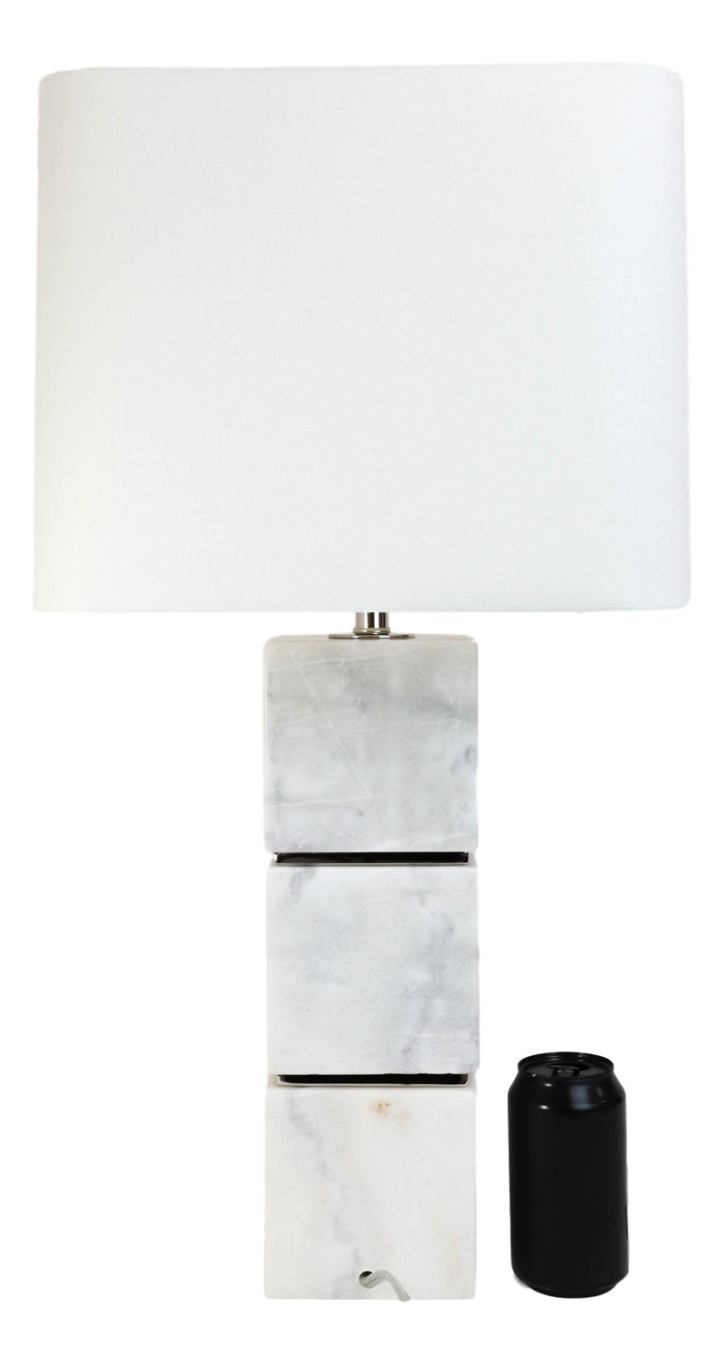 27"H Contemporary Elegant 3 White Marble Cubes Gold Trim Table Lamp Fabric Shade