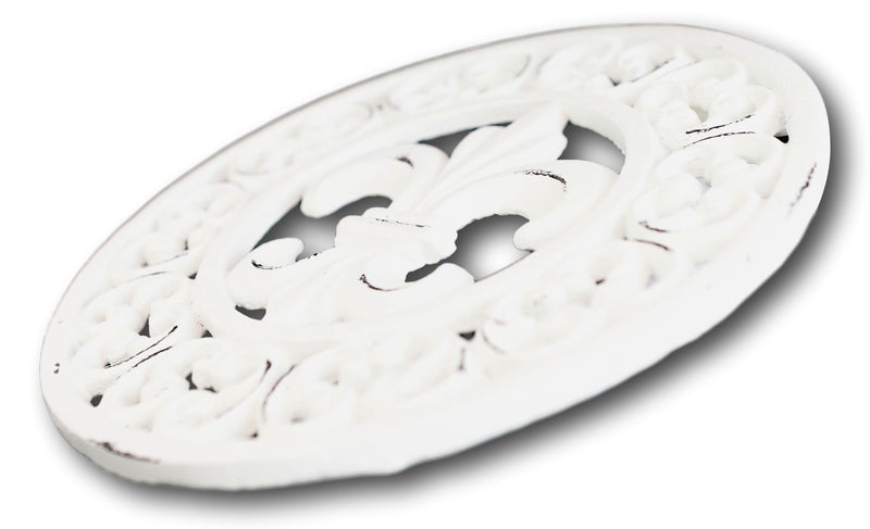 Rustic Off White Round Fleur De Lis Medallion In Scroll Design Cast Iron Trivet