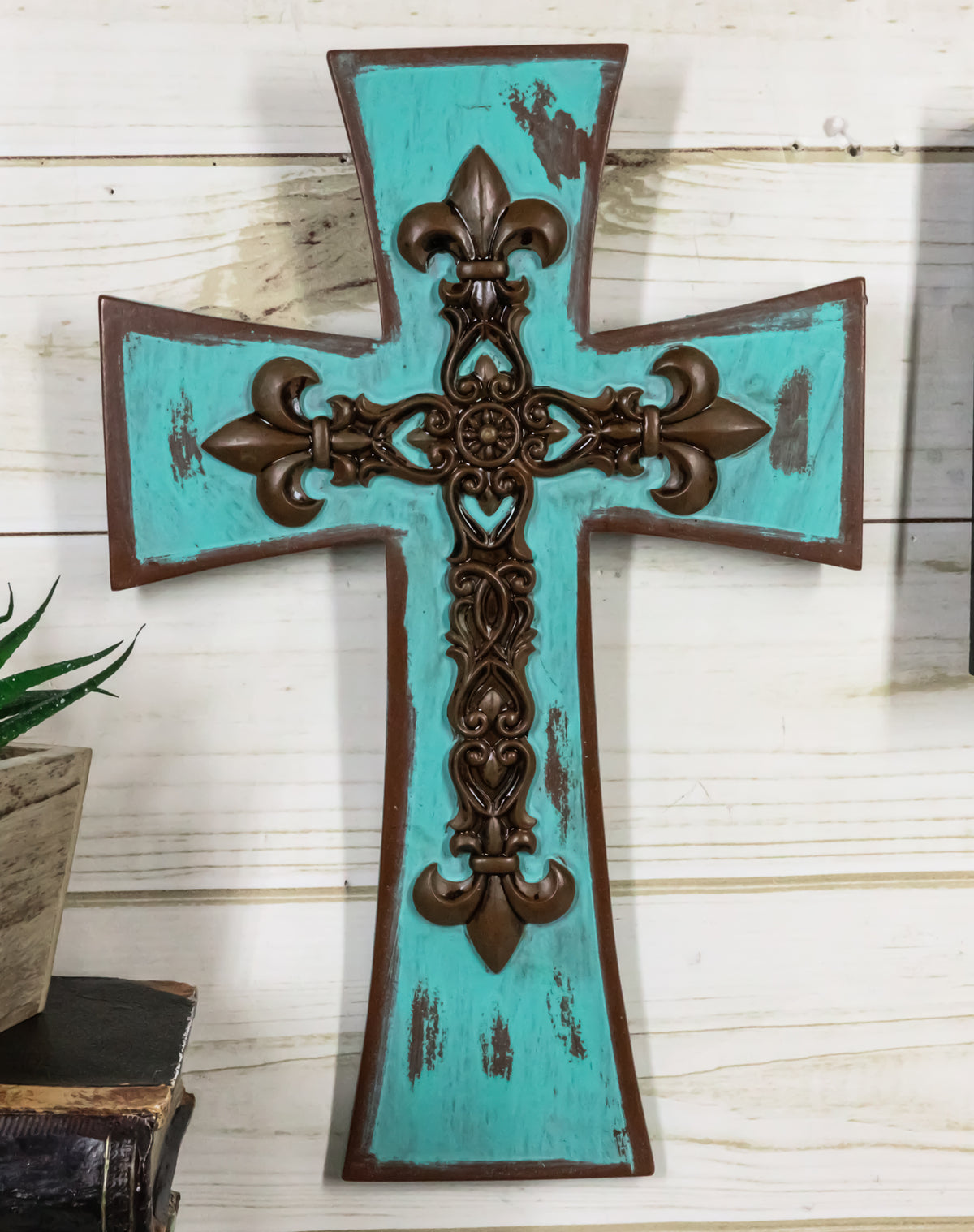 Rustic Southwestern Tuscany French Fleur De Lis Antiqued Turquoise Wall Cross - Ebros Gift