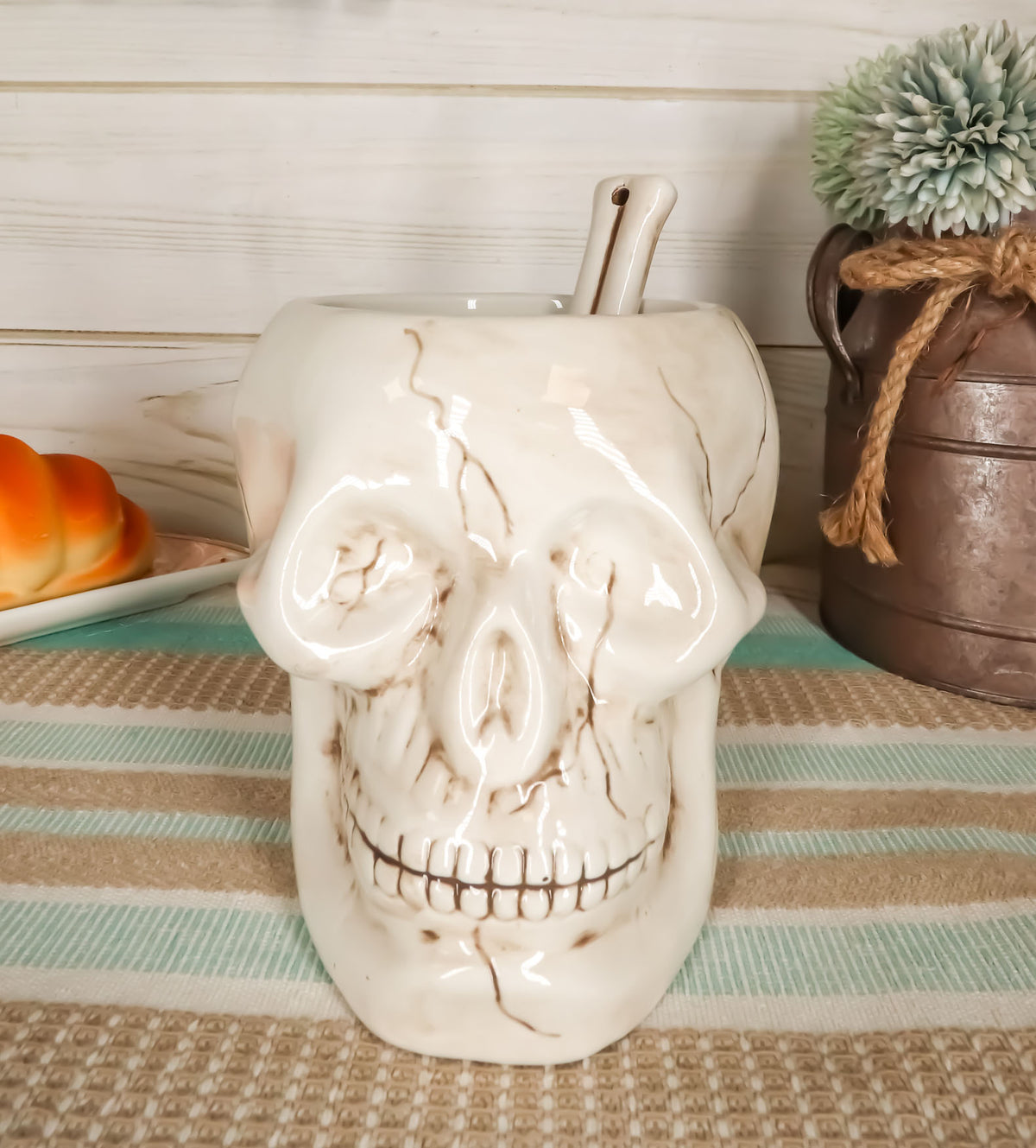 Ebros Ceramic Homosapien Human Skull Bowl With Skeletal Hand Spoon 6"Long 32oz - Ebros Gift
