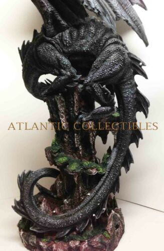 Ebros Large 23.5" Tall Black Dragon Guarding Castle Atop A Rocky Cliff Statue - Ebros Gift