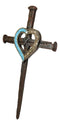 Ebros Faux Bronze Rusted Look Crucifix Driven Nails with Gold and Turquoise Heart Center Wall Cross Decor Plaque Vintage Art Hanging Sculpture 16.5" Tall