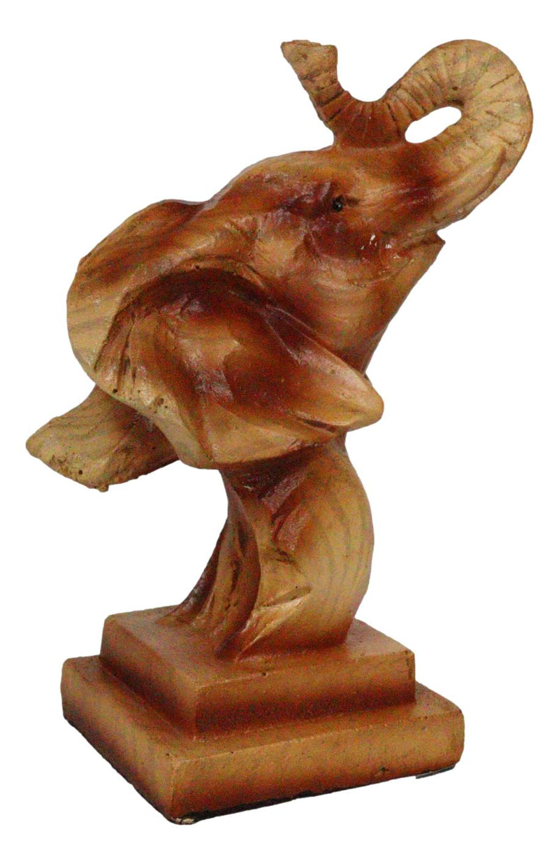Small Safari Wildlife Elephant Bust With Trunk Up Faux Wood Carving Figurine