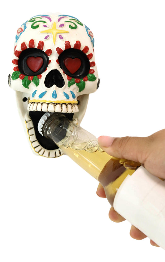 Ebros Day of The Dead White Floral Sugar Skull Wall Mounted Bottle Opener - Ebros Gift