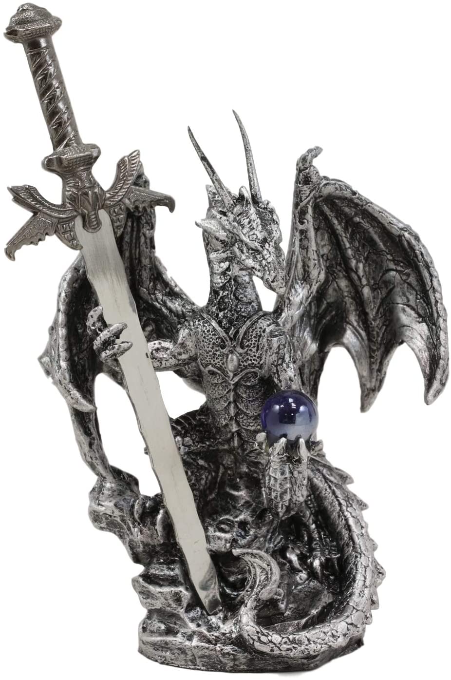 Legendary Silver Dragon Carrying Orb and Excalibur Sword Letter Opener Figurine