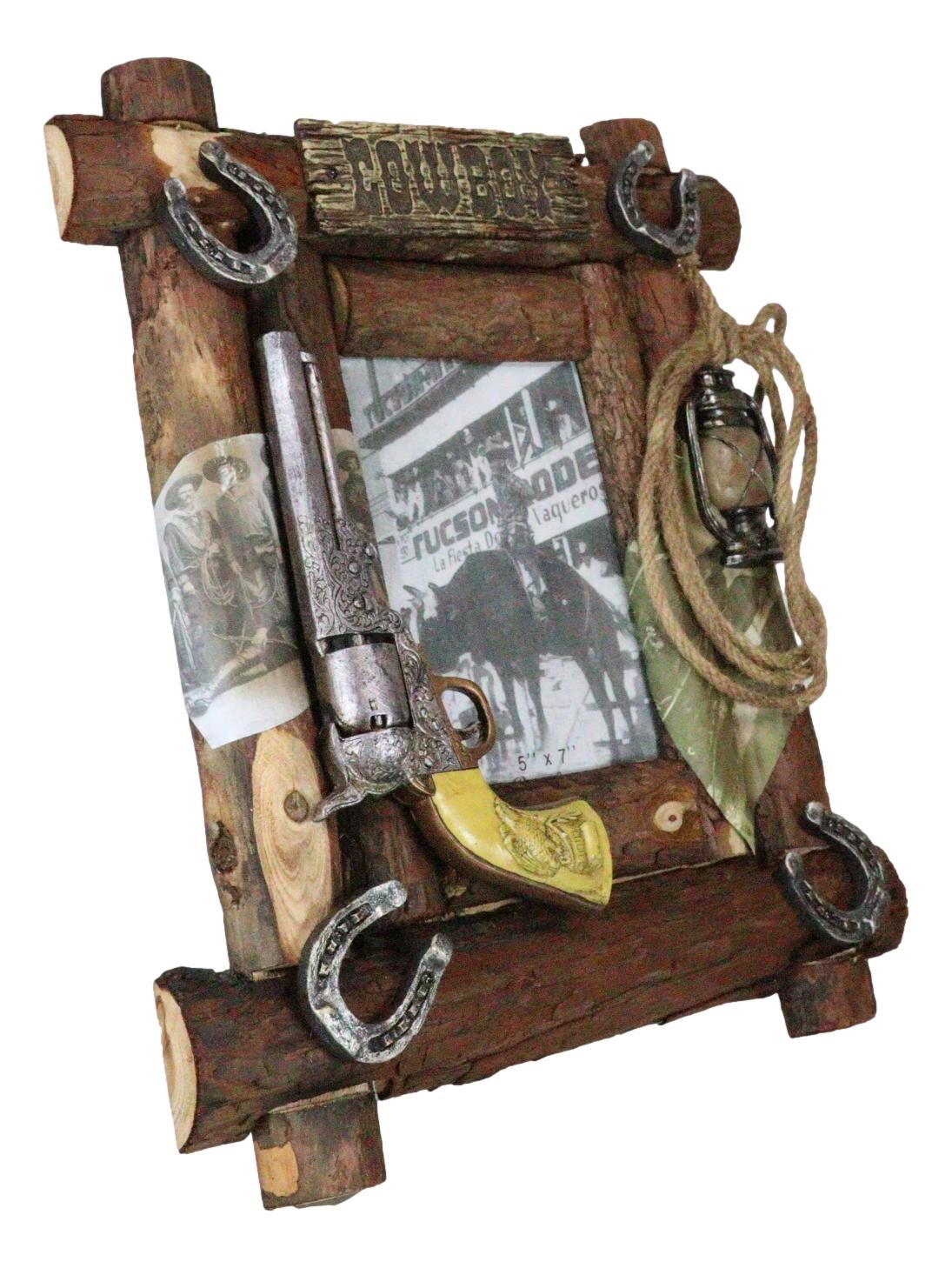 Rustic Western Cowboy Pistol Lantern Horseshoes Ropes Faux Wood Photo Frame 5X7