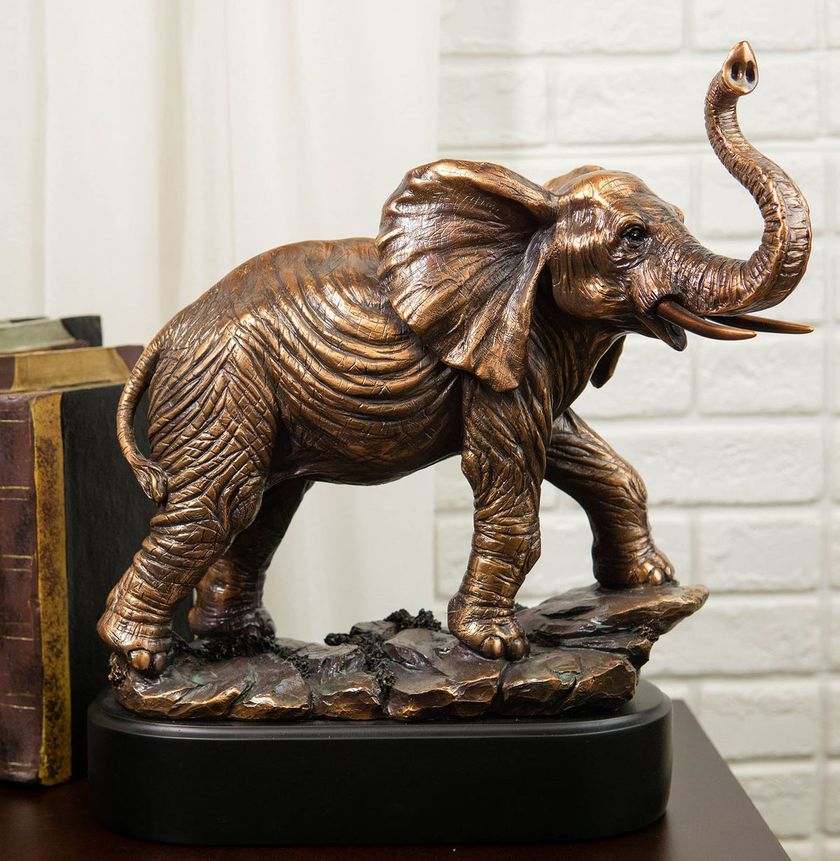 Ebros Large African Long Tusked Elephant Marching W/ Trunk Raised Statue W/ Base - Ebros Gift