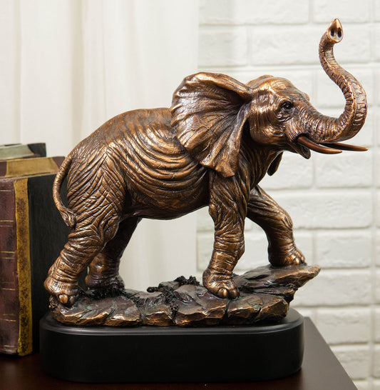 Ebros Large African Long Tusked Elephant Marching W/ Trunk Raised Statue W/ Base - Ebros Gift