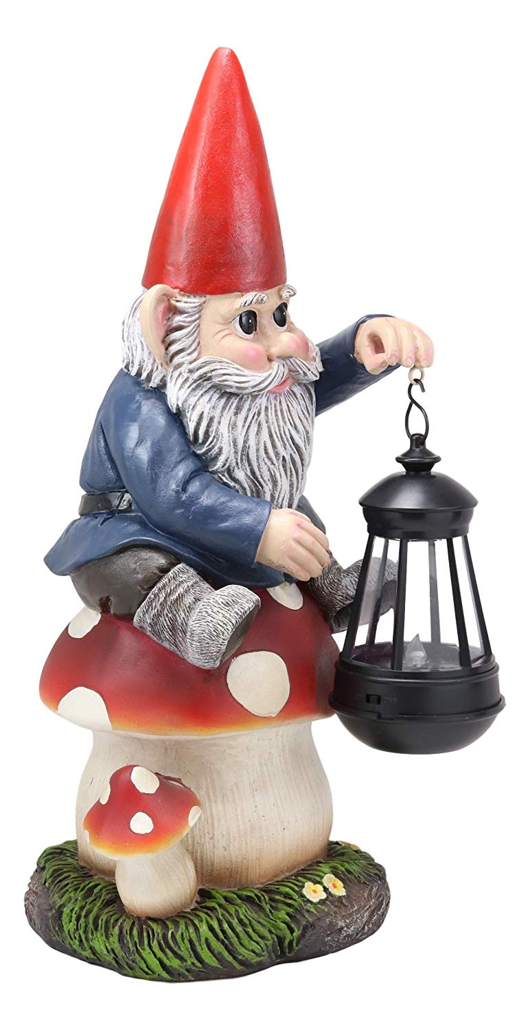 Ebros Large Whimsical Big Eyed Mr Gnome Sitting On Giant Toadstool Mushroom Holding Out Solar LED Lantern Light Statue 15" Tall for Patio Garden Lawn Home Decor Gnomes Figurine