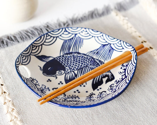 Blue White Koi Fish Small Appetizer Coupe Plate Flat Bowl With Chopsticks Set - Ebros Gift