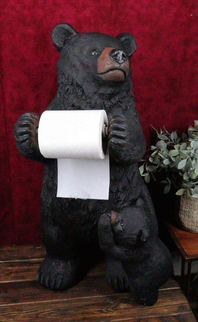 Western Black Mother Bear With Cub Toilet Paper Holder Floor Standing Figurine