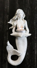 Rustic White Stone Finish Nautical Ocean Mermaid With Shell Candle Wall Sconce