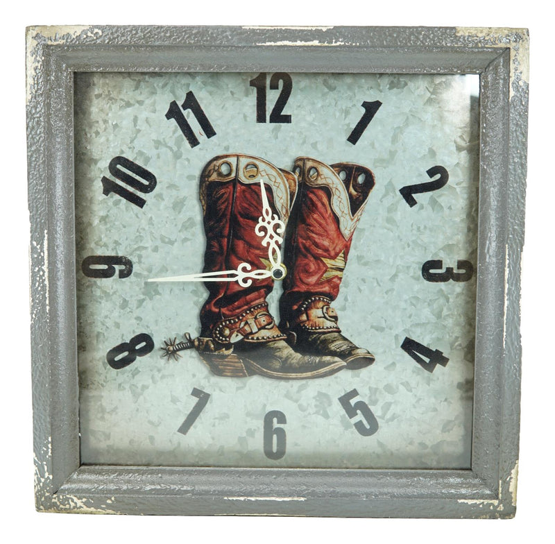 Rustic Western Vintage Cowboy Double Boots Galvanized Metal Wall Clock 14"x14"