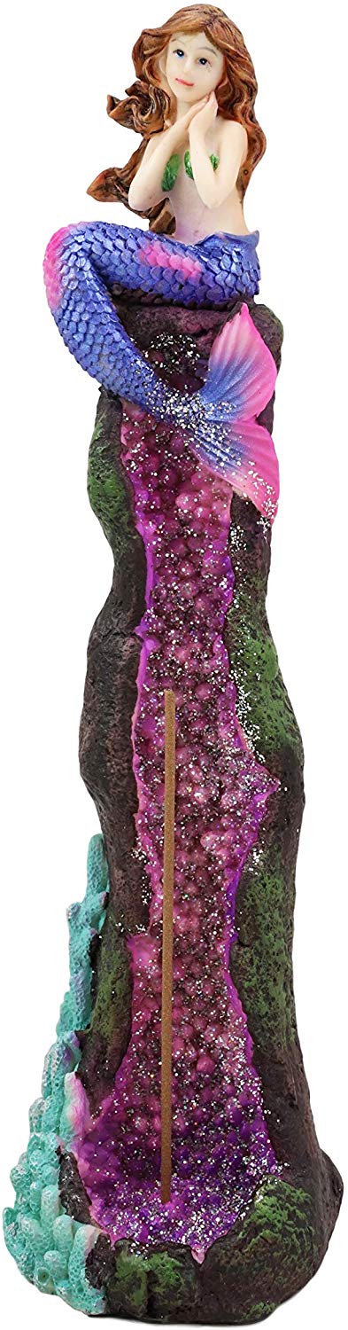 Ebros Ocean Mermaid Sitting On A Purple Coral Reef Pillar Tower Incense Burner