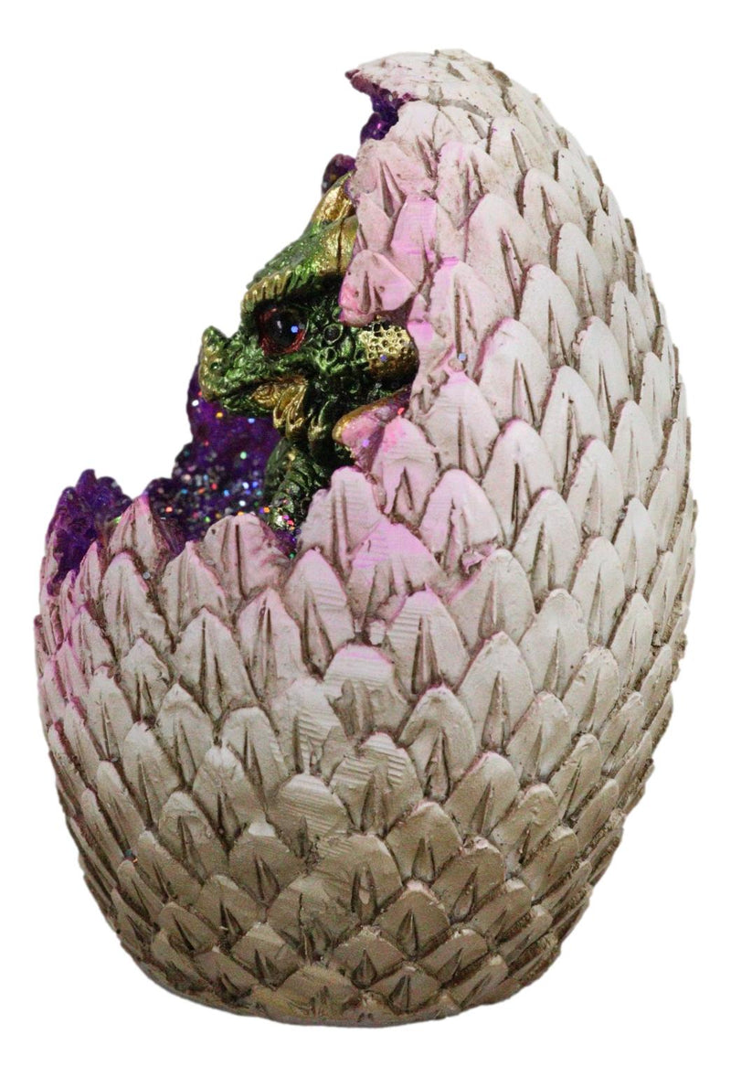 Small Green Sulking Baby Dragon In Colorful LED Light Faux Crystal Geode Egg