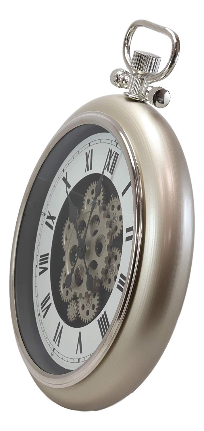 Ebros Steampunk Gears European Pocket Watch Style Wall Clock Satin Champagne