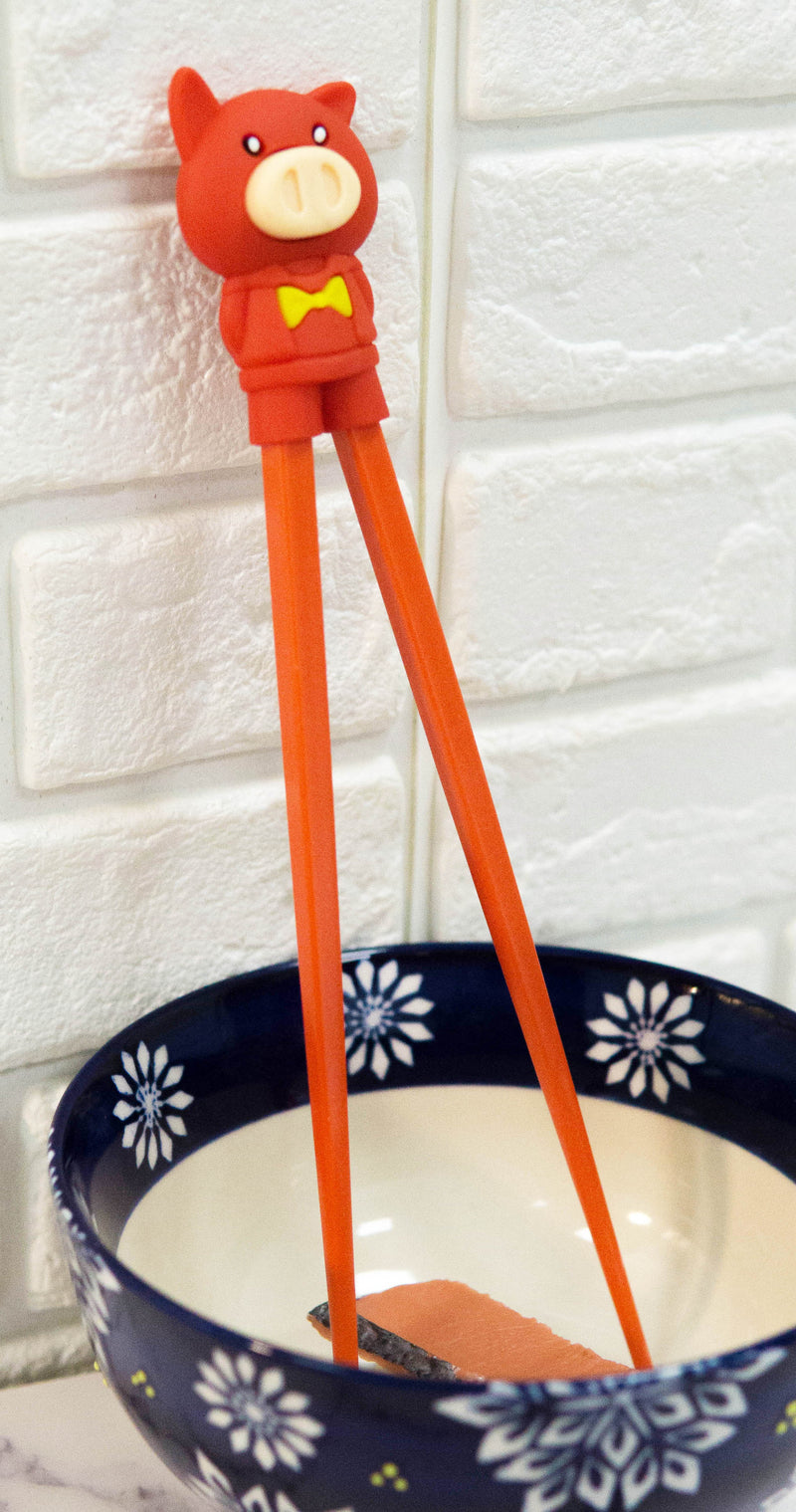 Red Porky Pig Reusable Training Chopsticks Set With Silicone Helper BPA Free