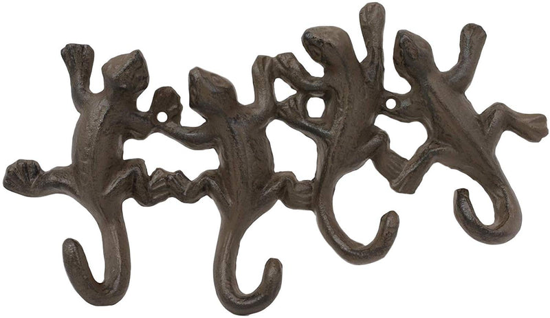 Ebros Cast Iron Rustic Animal Reptile Gecko Lizards Tails 4 Pegs Quad Wall Hooks 9.25" Wide Hanger Lizard Geckos Themed Wall Mount Leash Coat Hat Keys Hook Decor Hanging Sculpture Plaque