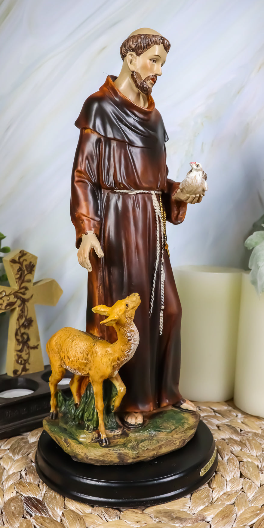Ebros Gift Holy Catholic Saint Francis of Assisi with Dove and Deer Statue and Brass Name Plate 12.25" H Devoted Monk Patron of Animals & Environment Servant of Christ Altar Figurine Sculpture - Ebros Gift