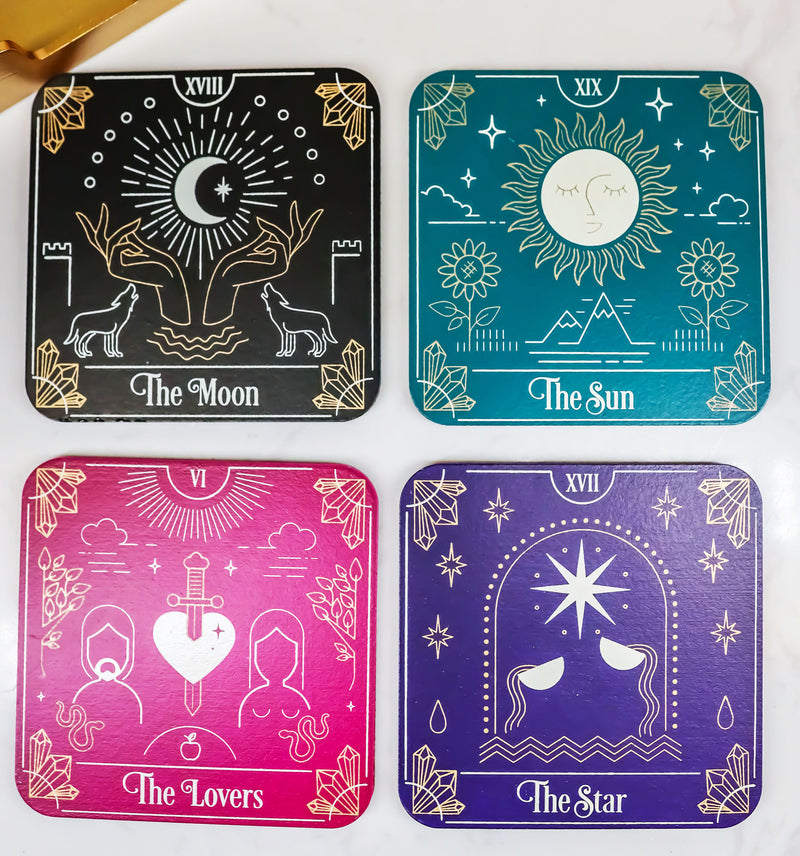 Wicca Tarot Card MDF Wood Coaster Set of 4 Tiles With Cork Backing And Holder