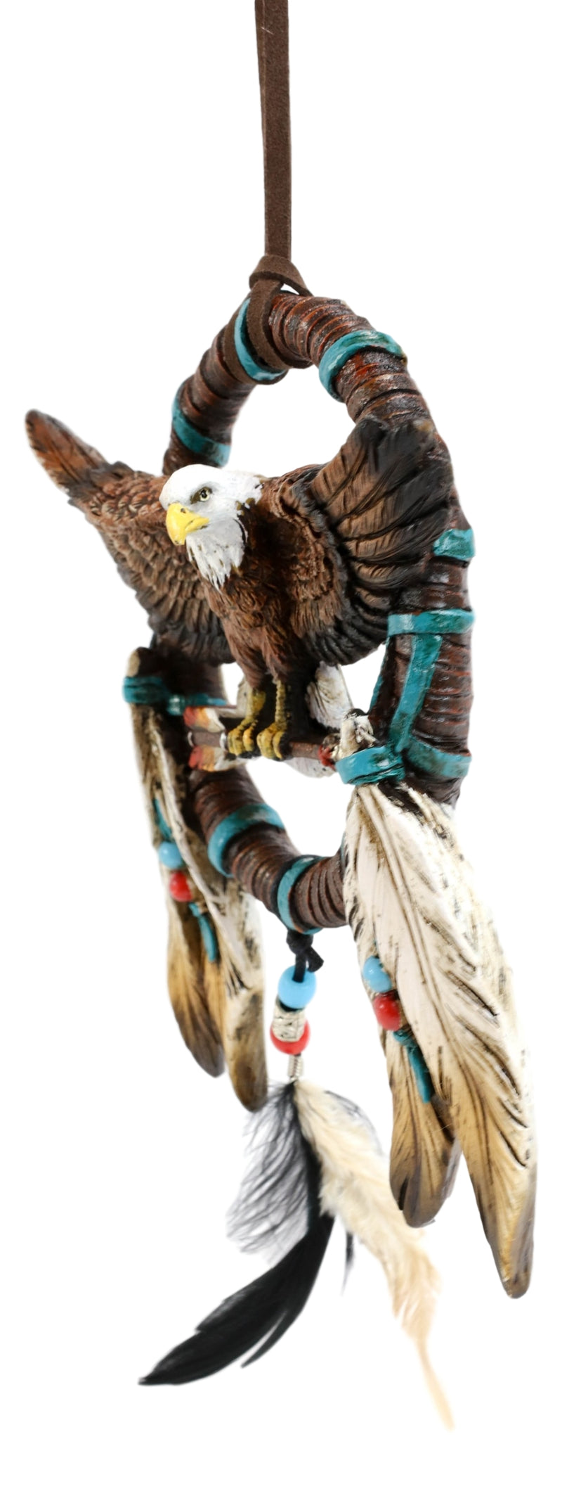 Majestic Bald Eagle With Open Wings Figurine Dream Catcher With Beaded Feathers