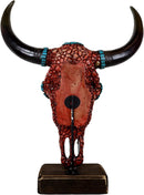 18"H Large Rustic Western Bull Cow Skull With Red Stones Cross Desktop Statue