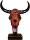 18"H Large Rustic Western Bull Cow Skull With Red Stones Cross Desktop Statue