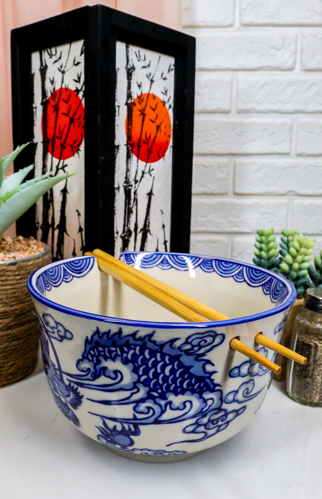 Ebros Ming Dragon Ramen Soup Bowl With Built In Chopsticks Rest & Chopstick