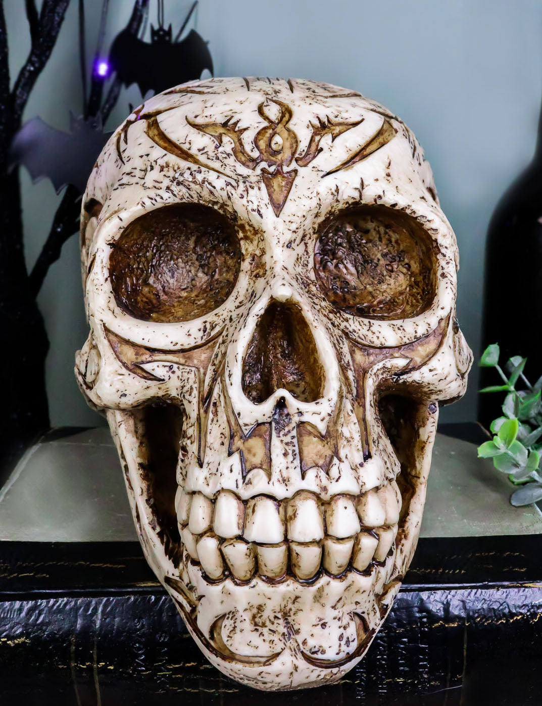 Ebros Gothic Samoan Lace Tribal Tattoo Lovers Symbols Skull Figurine 8"L Skeleton Head - Ebros Gift