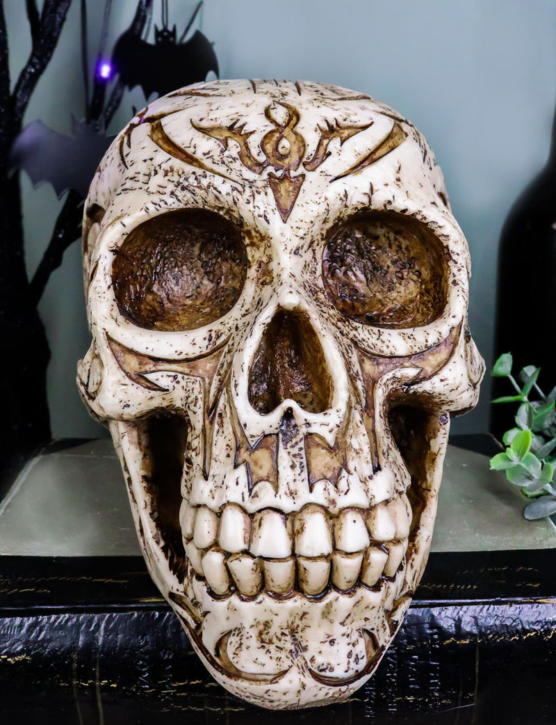 Ebros Gothic Samoan Lace Tribal Tattoo Lovers Symbols Skull Figurine 8"L Skeleton Head