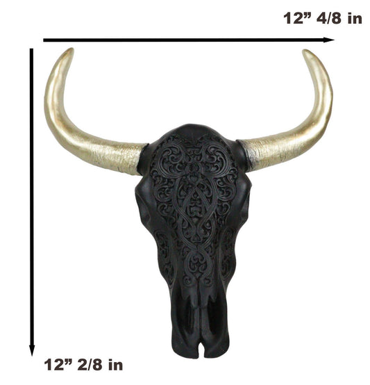 Black And Gold Tribal Floral Tattoo Tooled Filigree Bull Cow Skull Wall Decor