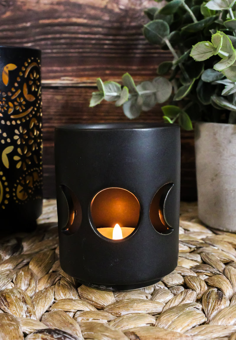 Pack Of 2 Wicca Triple Moon Goddess Black Ceramic Tea Light Votive Candle Holder