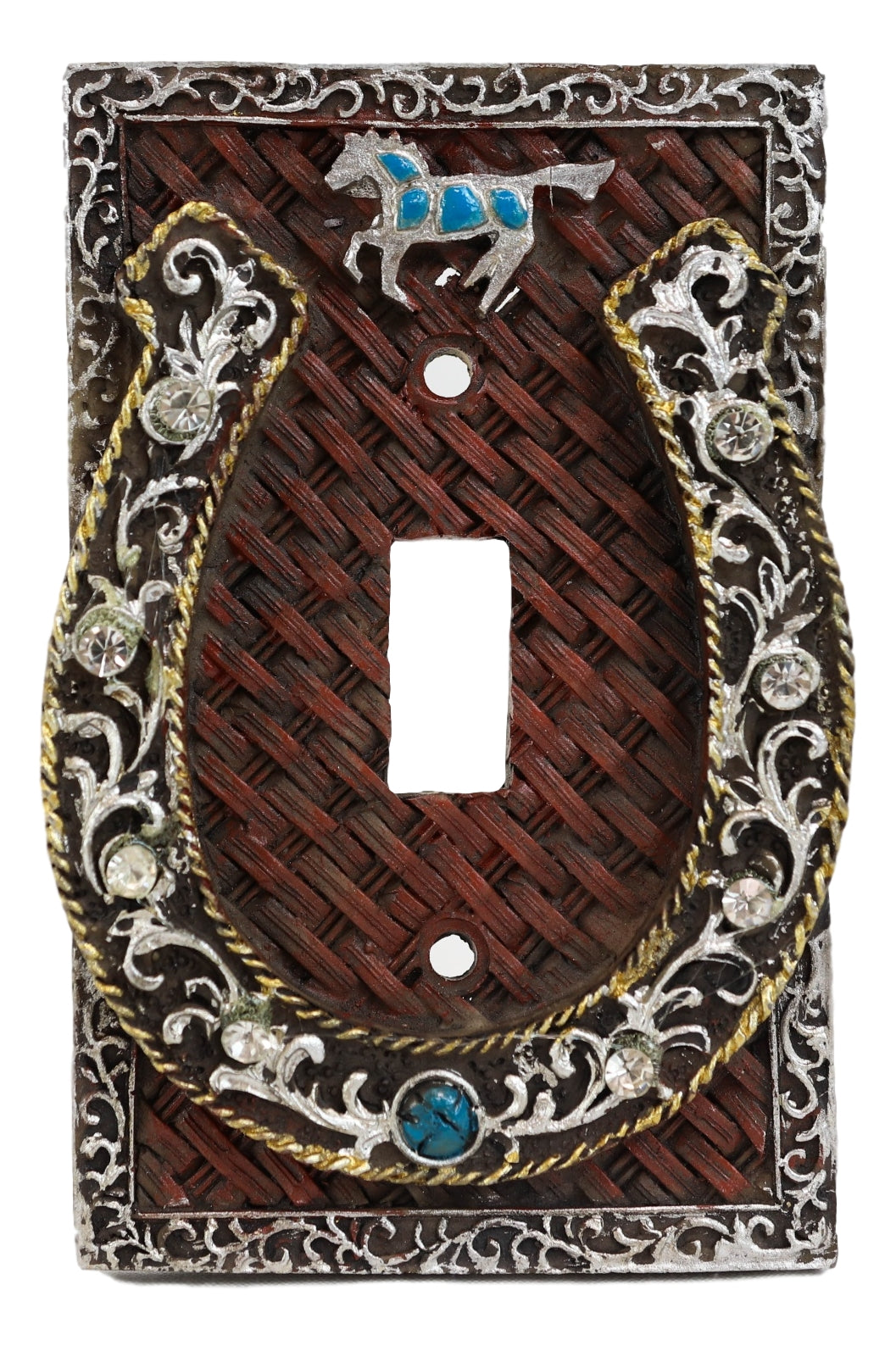 Set of 2 Western Horseshoe Turquoise Mustang Wall Single Toggle Switch Plate - Ebros Gift