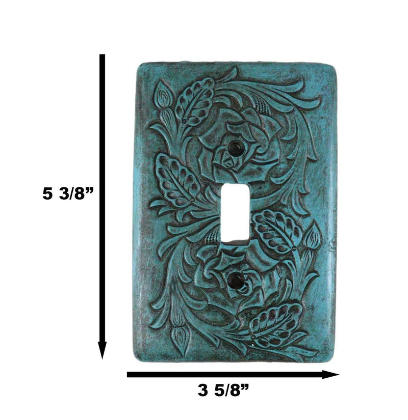 Set of 2 Western Tooled Floral Turquoise Wall Single Toggle Switch Plates