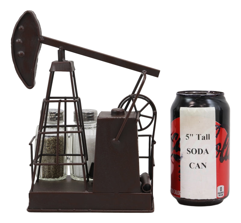 Ebros Vintage Metal Oil Derrick Rig Pump Glass Salt And Pepper Shakers Carrier Holder