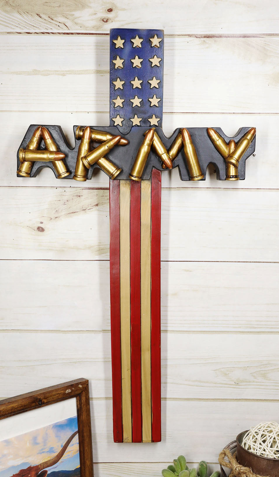 Western USA Flag Military Army with Bullet Shell Casings Memorial Wall Cross