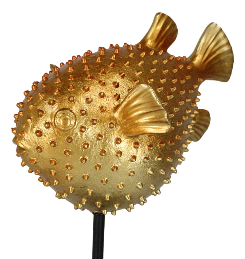 Nautical Marine Faux Taxidermy Golden Pufferfish Fish Sculpture On Pole Mount