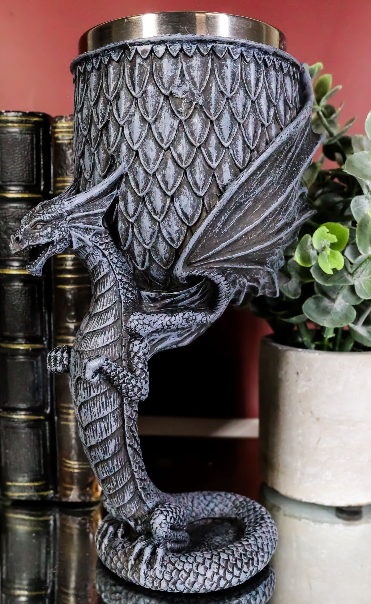 Archaic Gray Stone Dragon Atlas Bearing Globe Of Scales Wine Goblet Chalice Cup