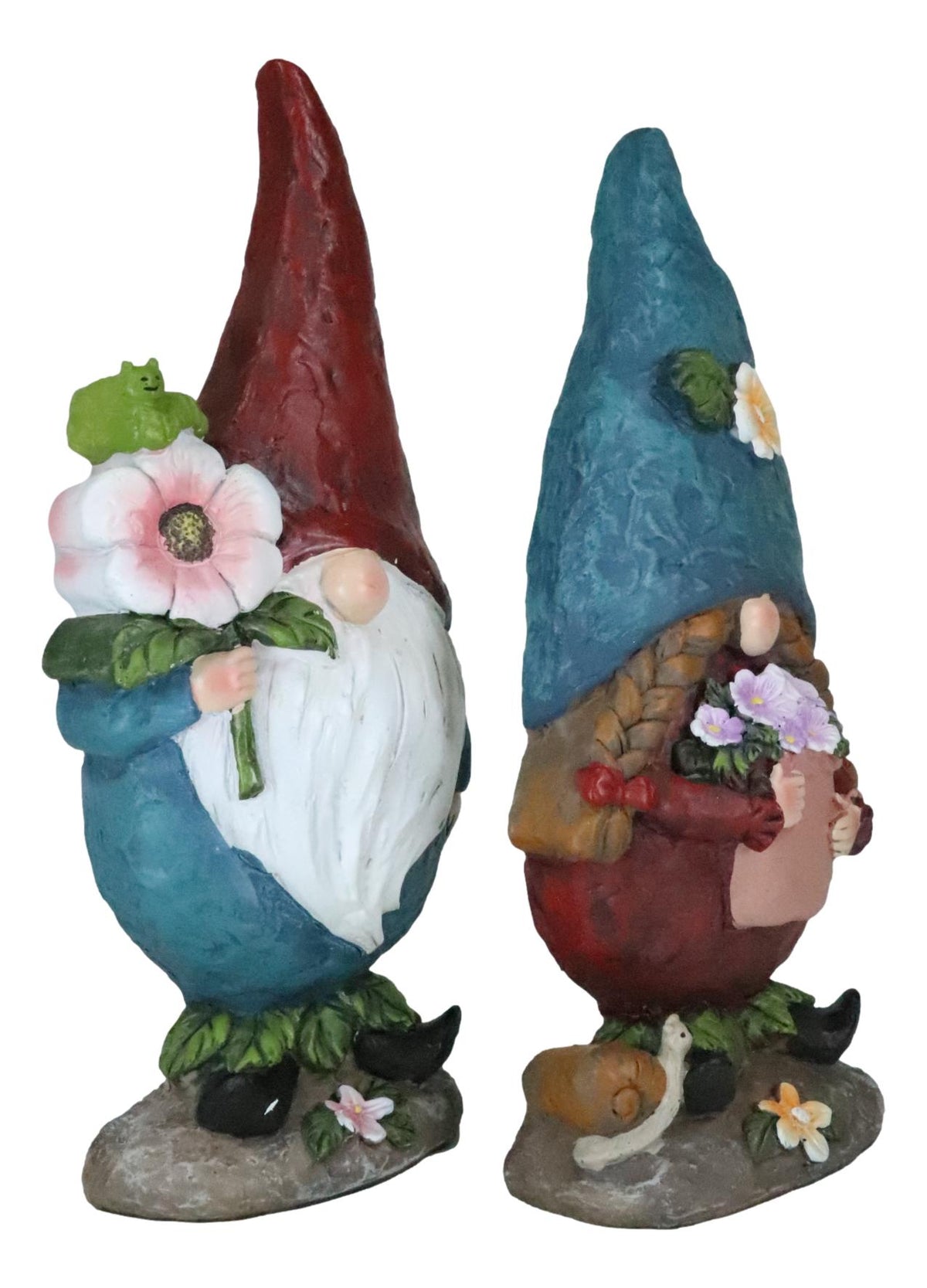 Pack Of 2 Whimsical Garden Mr And Mrs Gnome Couple Holding Flowers Figurines - Ebros Gift