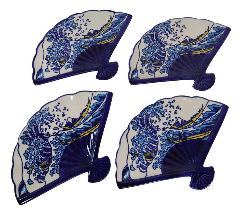 Set Of 4 Japan Hokusai The Great Wave Oriental Fan Shaped Appetizer Sushi Plates