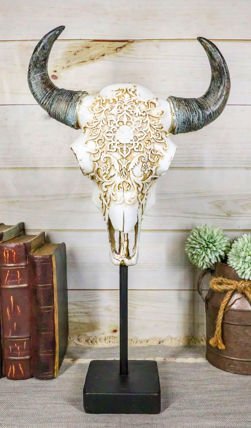 Rustic Tooled Floral Lace Bull Cow Steer Head Skull Sculpture On Pole Display
