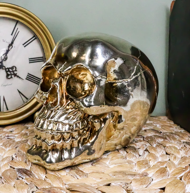 Ebros Gift Chrome Plated Golden Silver Treasure Skull Figurine 6.25"L