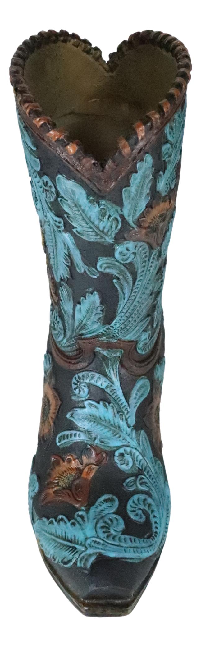 Turquoise Floral Scroll Lace W/ Rearing Horse Cowboy Boot Vase Planter Figurine