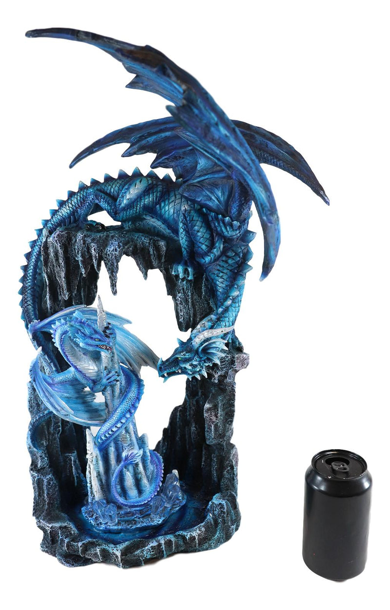 Ebros 20"H Blue Frozen Dragon On Cavern With Wyrmling By Ice Stalagmite Statue