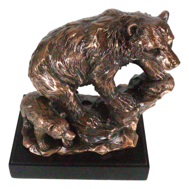 Black Bear Mother With Cub Climbing Rock Bronze Electroplated Resin Statue 9"H