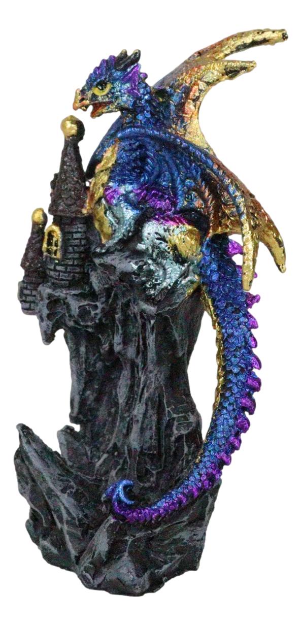 Iridescent Blue Wyrmling Dragon On Rocky Mountain Treasure Castle Top Figurine