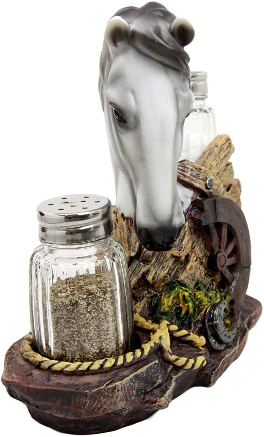 Ebros White Horse By Wagon Wheel Glass Salt Pepper Shakers Holder Set 6.25"H