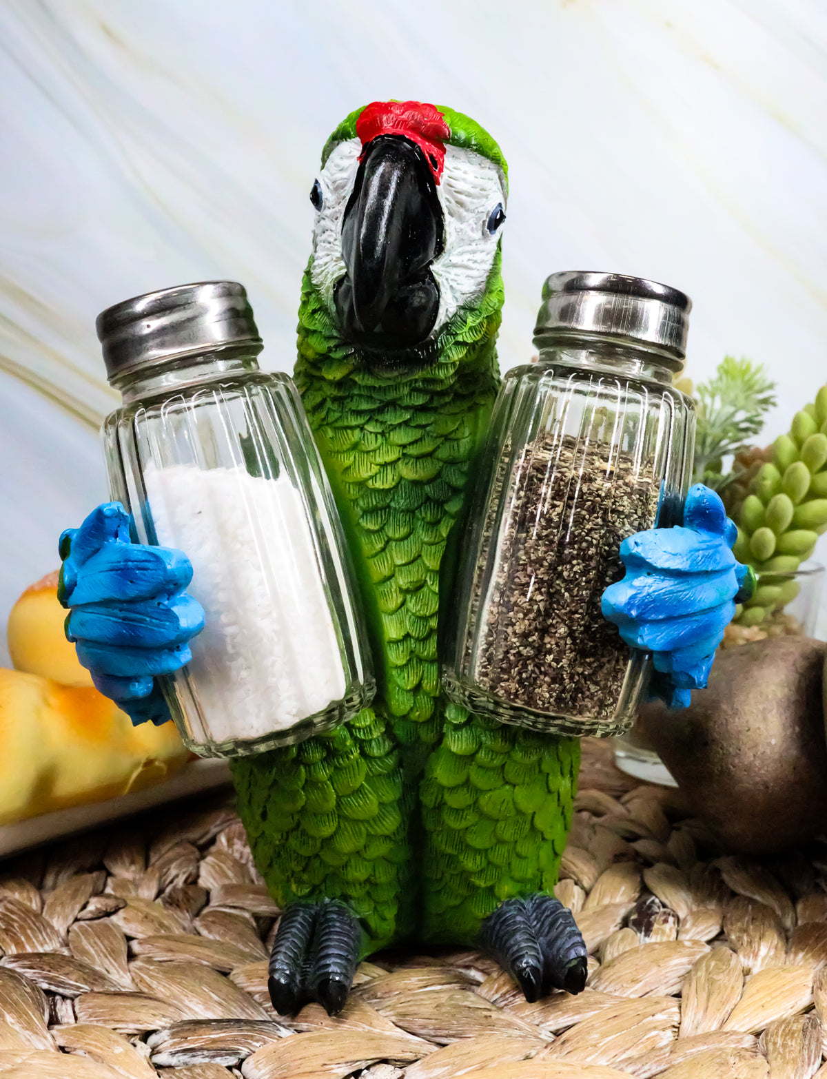 Ebros Tropical Rainforest Green Military Macaw Parrot Salt Pepper Shakers Holder - Ebros Gift