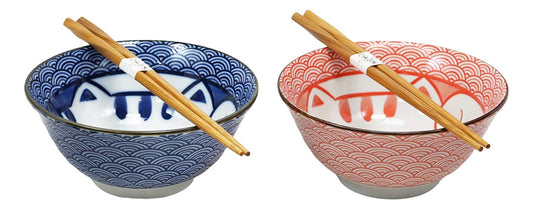 Made In Japan Lucky Cat Maneki Neko Colorful Porcelain Bowls With Chopsticks Set